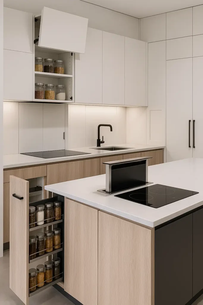 A sleek modern kitchen with hidden storage compartments, a pop-up spice rack, a concealed fridge behind matching cabinet doors, and a built-in downdraft vent that rises from the island.