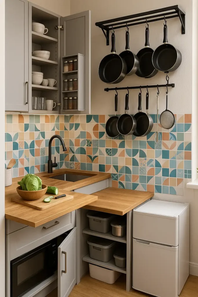 A compact but stylish city apartment kitchen with clever storage solutions, hanging pot rack, fold-out countertop, mini fridge, and vibrant backsplash tiles adding character.