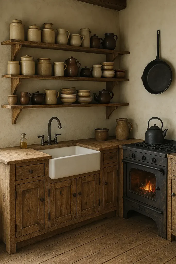 A cozy rustic farmhouse kitchen with distressed wooden cabinets, open shelving filled with ceramic jars and vintage cookware, a deep apron-front sink, and a cast iron skillet hanging above a wood-burning stove.