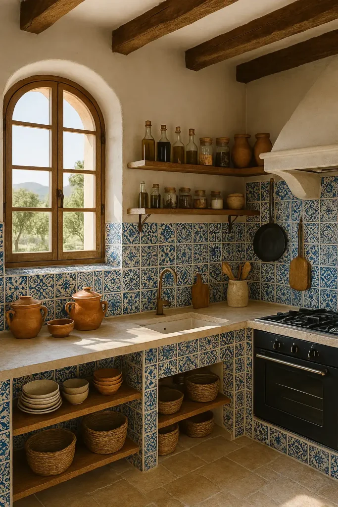 A Mediterranean-style kitchen with blue-and-white patterned tiles, open shelves with olive oil bottles and spices, arched windows, terracotta pots, and rustic wood beams overhead.