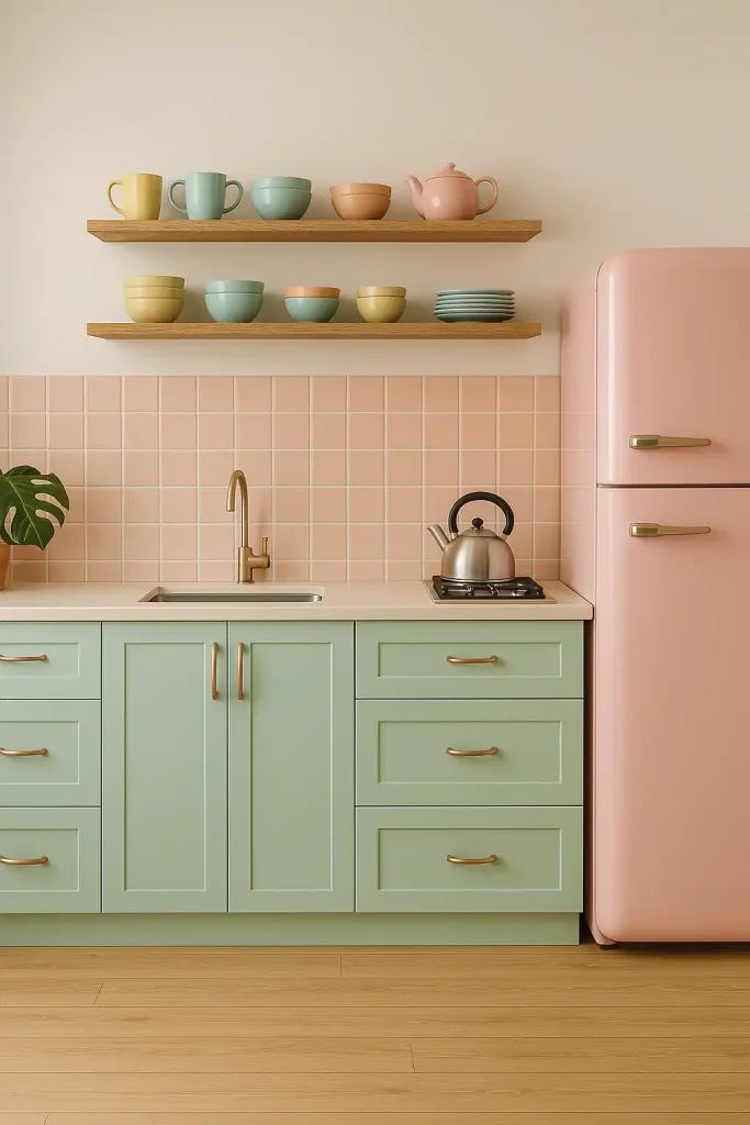 A pastel-themed kitchen with mint green cabinets, blush pink backsplash tiles, rose gold handles, floating shelves with colorful mugs and bowls, and a retro pink refrigerator.