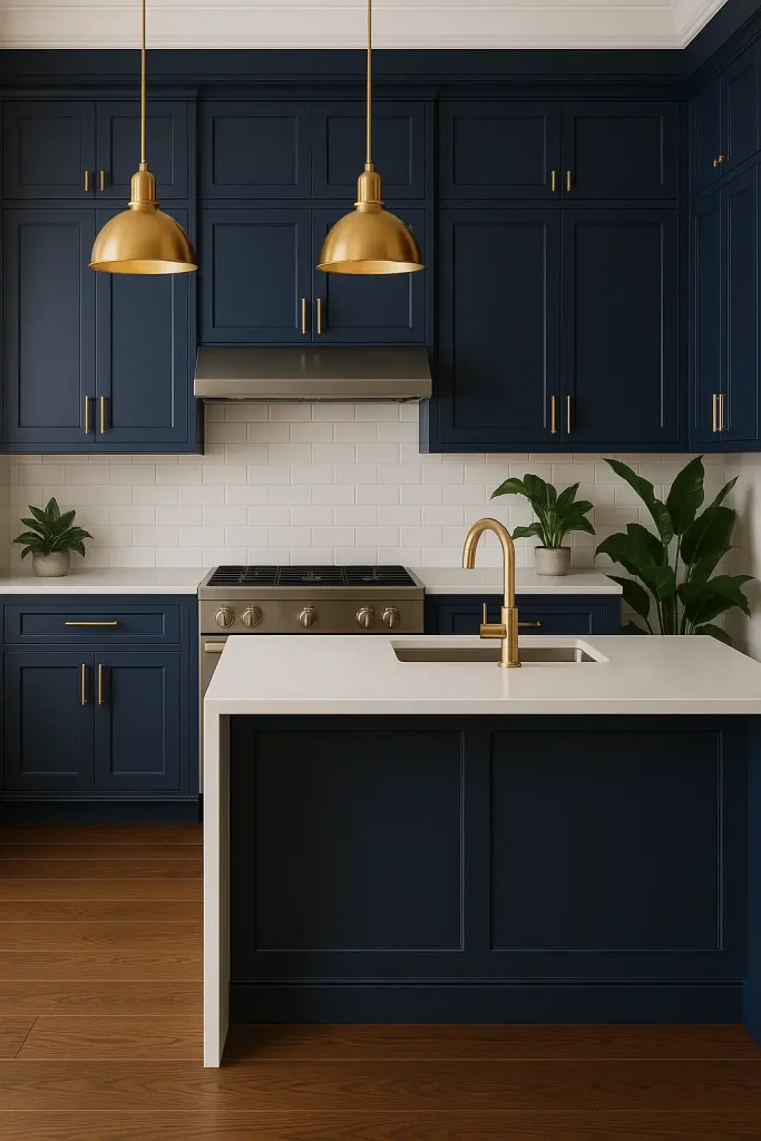 A luxurious navy blue kitchen with shaker-style cabinets, gold hardware, a white quartz waterfall island, and pendant lights with golden brass finishes. Dark oak floors and deep green plants for contrast.