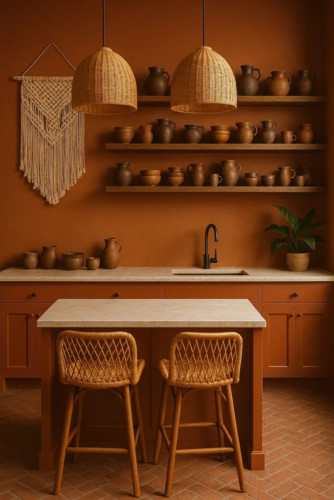 A bohemian-inspired kitchen with burnt orange and terracotta tones, rattan pendant lights, macrame wall hangings, and open wooden shelving stacked with handmade pottery.
