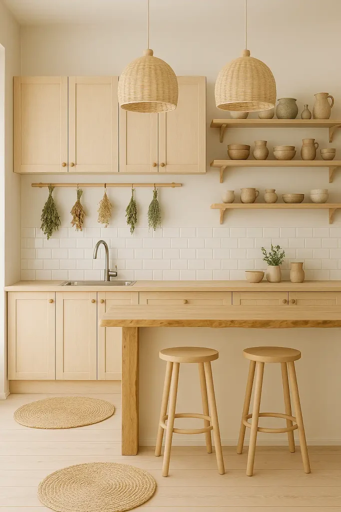 A light Scandinavian kitchen with pale wooden cabinets, white subway tiles, hanging dried herbs, a live-edge breakfast bar, and natural jute rugs on the floor.