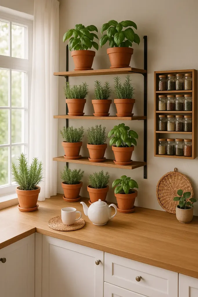 A kitchen with a dedicated herb wall, shelves of potted basil, rosemary, and thyme, large windows with sheer white curtains, and a wooden spice rack beside a cozy tea corner.