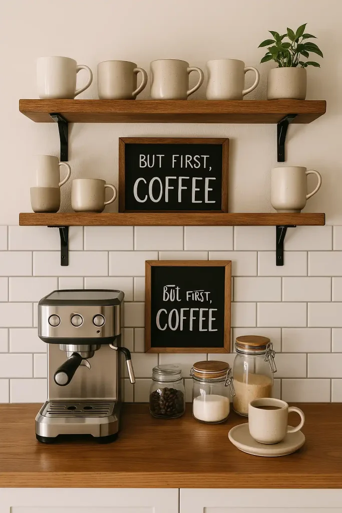 A stylish coffee nook in a kitchen with a white-tiled backsplash, a wooden shelf displaying mugs, an espresso machine, small jars of beans and sugar, and a chalkboard sign reading "But first, coffee."