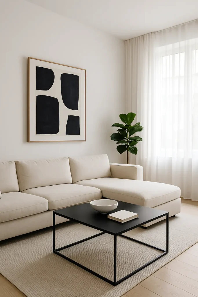 A bright modern minimalist living room with white walls, light wood flooring, a sleek beige sectional sofa, black metal coffee table, a large abstract art piece, and a single indoor plant in the corner. Floor-to-ceiling windows with sheer curtains let in natural light. Scandinavian-style decor.