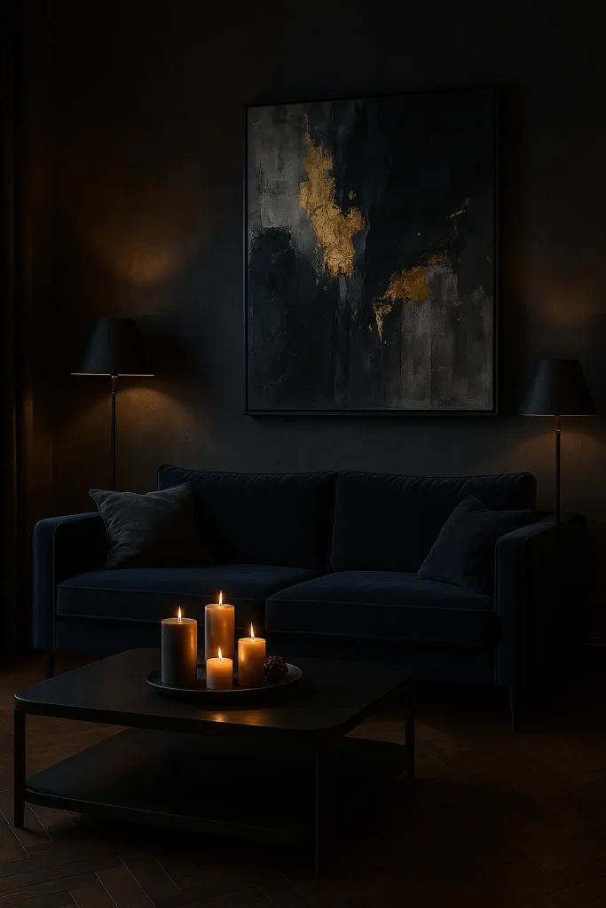 A dramatic living room with charcoal gray walls, dark wood flooring, a deep navy velvet sofa, matte black coffee table, modern art with gold accents, and moody lighting from floor lamps and candles. Elegant and cozy with a mysterious ambiance.