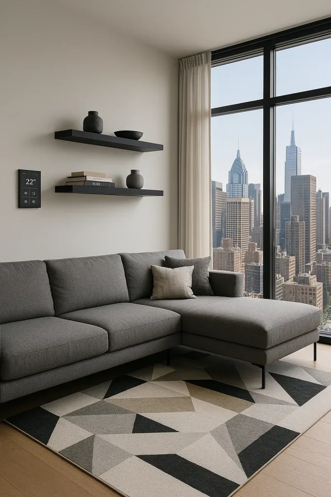 A stylish apartment living room in a high-rise building, featuring a sleek gray sectional, floating shelves, floor-to-ceiling windows with a city skyline view, geometric rug, and smart home tech controls. Clean, modern, and efficient urban vibe.