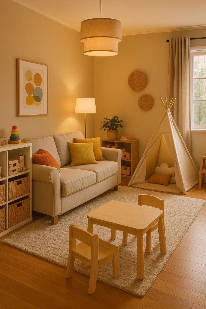 A warm family living room with soft cushioned seating, built-in toy storage, a play corner with a teepee tent, child-safe furniture, colorful throw pillows, and cozy lighting. Practical but still stylish for both adults and kids.