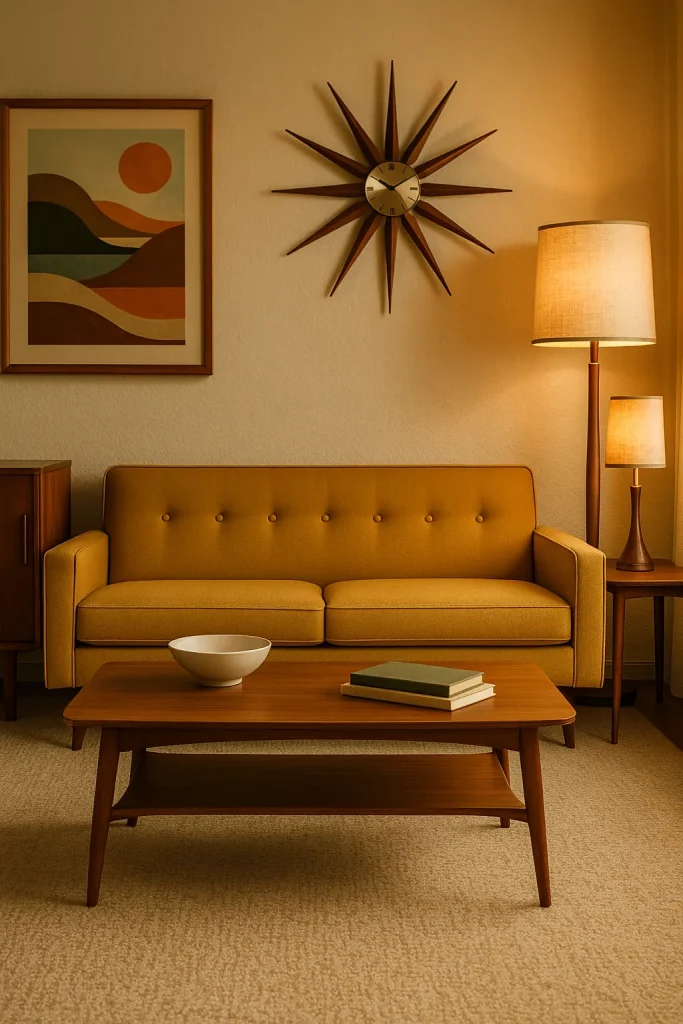 A mid-century modern living room with walnut wood furniture, a low-profile mustard yellow sofa, starburst clock on the wall, retro-style artwork, tapered-leg coffee table, and warm lighting from vintage floor lamps. Stylish and nostalgic.