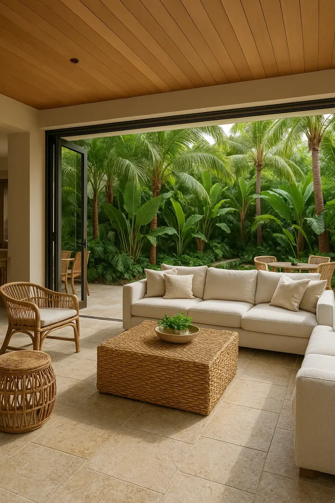 A seamless indoor-outdoor living room with sliding glass walls opened to a patio, natural stone floors, tropical plants, neutral furniture, and rattan textures. A blend of comfort and nature, perfect for warm climates and entertaining.