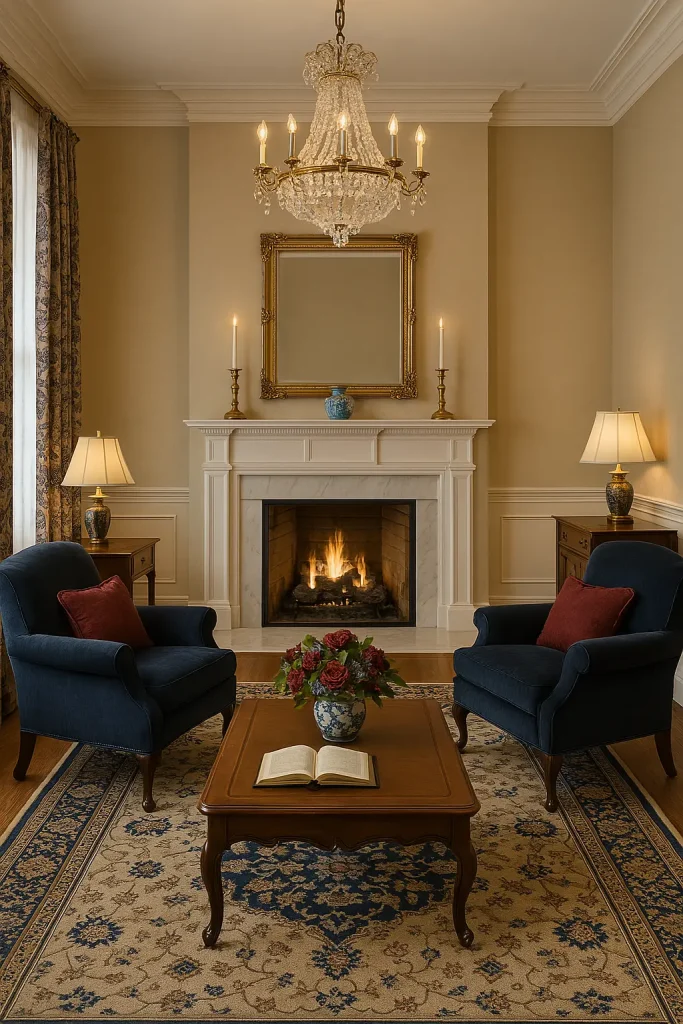 A formal traditional living room with crown molding, antique wood furniture, classic patterned drapes, a marble fireplace, symmetrical armchairs, and a crystal chandelier. Soft beige tones with rich navy and burgundy accents.