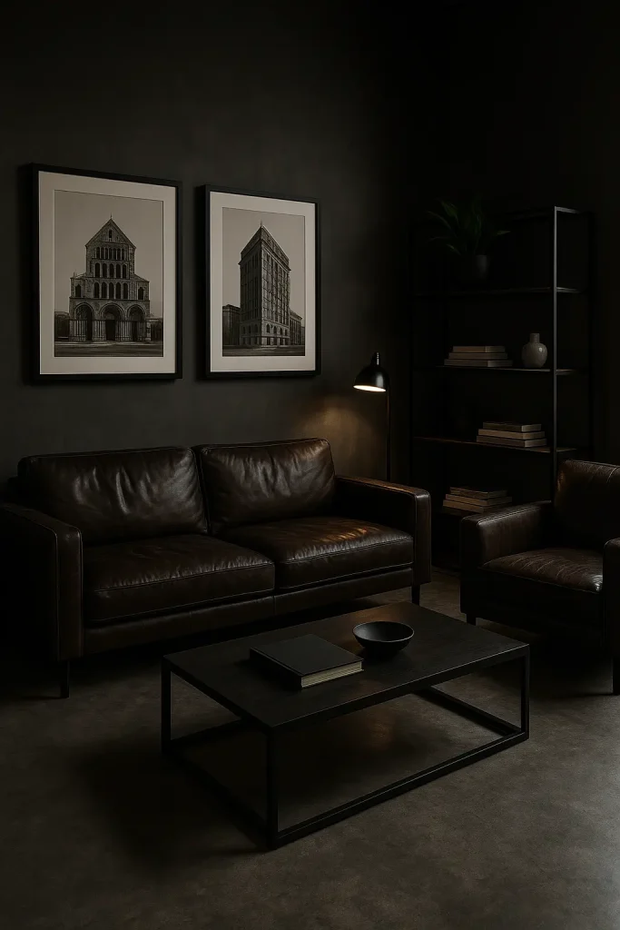 A masculine-themed living room with dark leather seating, industrial metal shelving, concrete flooring, minimalist decor, framed architectural prints, and subtle lighting. A stylish bachelor pad aesthetic.