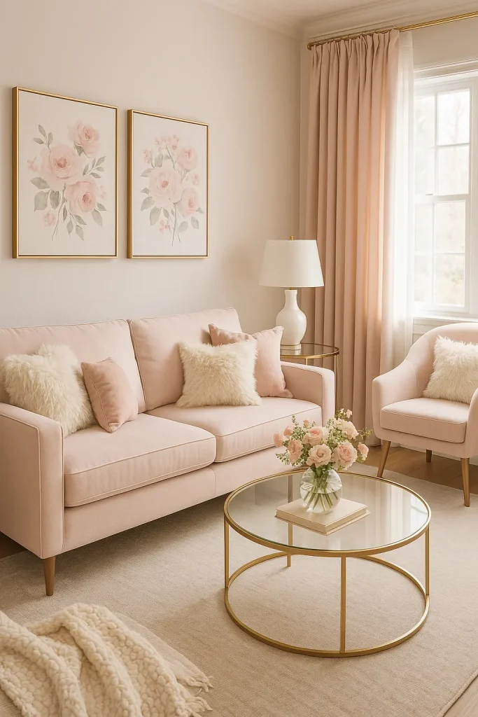 A soft, feminine-inspired living room in pastel tones, blush pink sofa, gold and glass accents, fluffy throw pillows, floral prints, elegant floor-length curtains, and a cozy reading nook by the window. Delicate and inviting atmosphere.