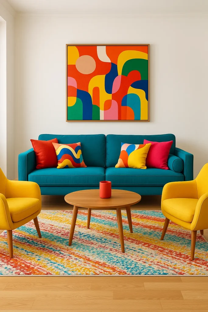 A bold and fun living room with a neutral base (white walls, light wood floors) featuring bright color pops — a teal sofa, yellow accent chairs, colorful abstract wall art, and multicolor throw pillows. Playful and energizing, ideal for creative types.