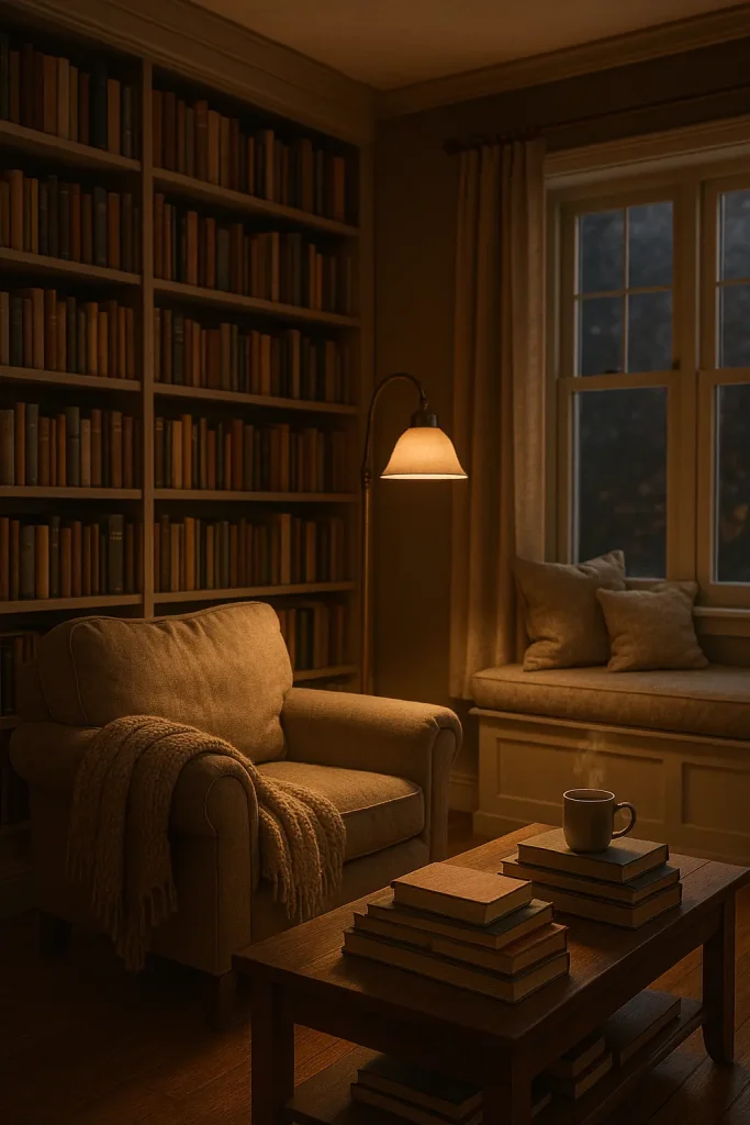 A cozy reading-focused living room with a large built-in bookshelf wall, overstuffed armchair with a knit throw, reading lamp, window seat, and a coffee table covered in books and a steaming mug of tea. Soft warm lighting and a quiet atmosphere.