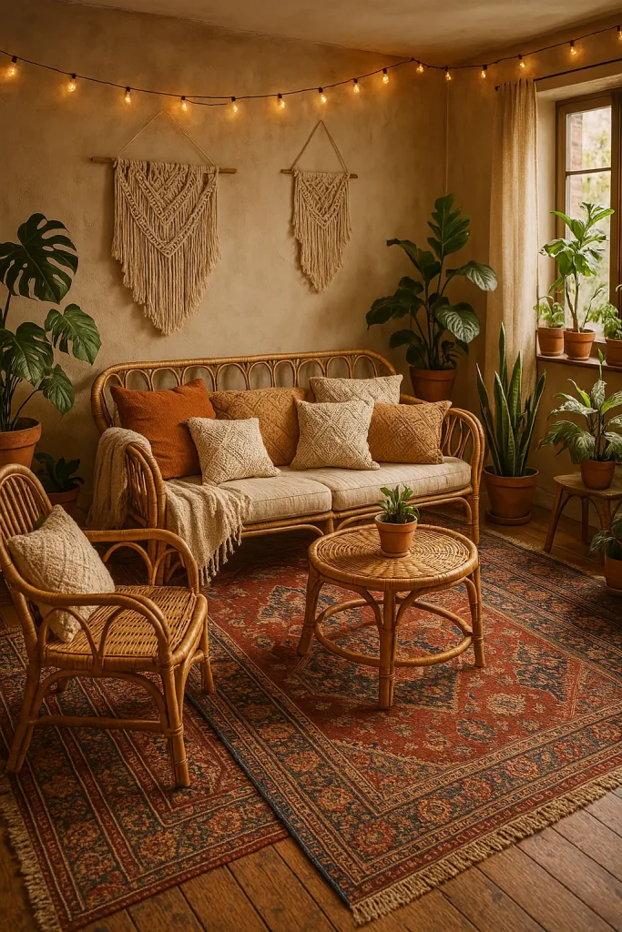 A cozy bohemian-style living room with rattan furniture, layered Persian rugs, warm earthy tones, plenty of green houseplants, macrame wall hangings, textured throw pillows, and fairy lights strung across the ceiling. Natural lighting with soft shadows.