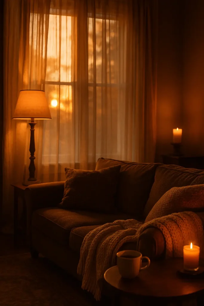 A dimly lit living room at dusk, bathed in golden hour sunlight through sheer curtains. Soft ambient lighting from lamps and candles, rich cozy textures, a cup of tea on the side table, and a moody playlist vibe. Dreamy and romantic setting.