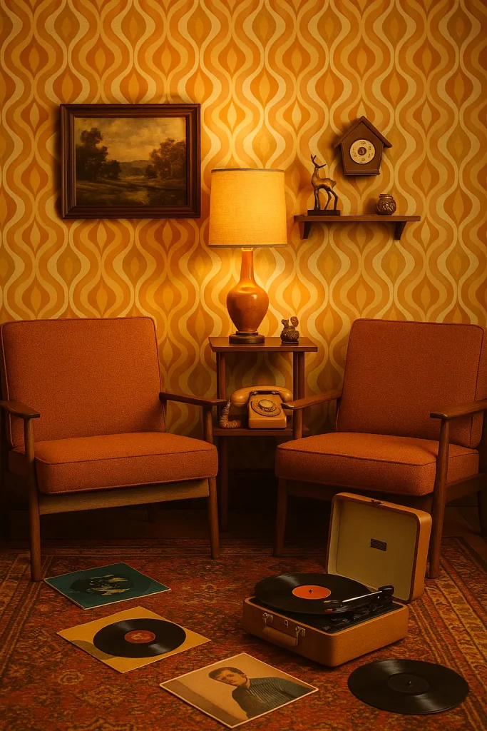 A nostalgic vintage living room with retro wallpaper, mid-century armchairs, vinyl records, antique rotary phone, and quirky knick-knacks. Warm tones and a sense of history. Feels like stepping into the 1960s or 70s.