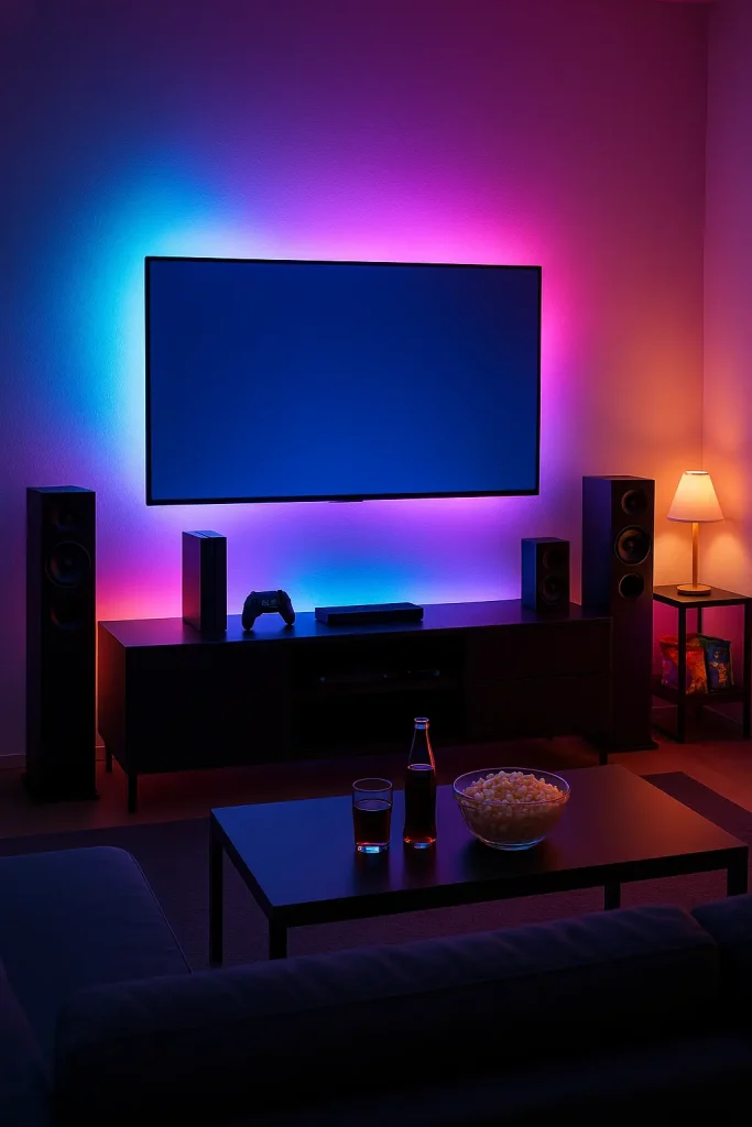 A modern living room built for entertainment — wall-mounted TV with LED backlighting, gaming console setup, sleek black furniture, colorful RGB lighting, surround sound speakers, and a snack station. Clean, techy, and immersive.
