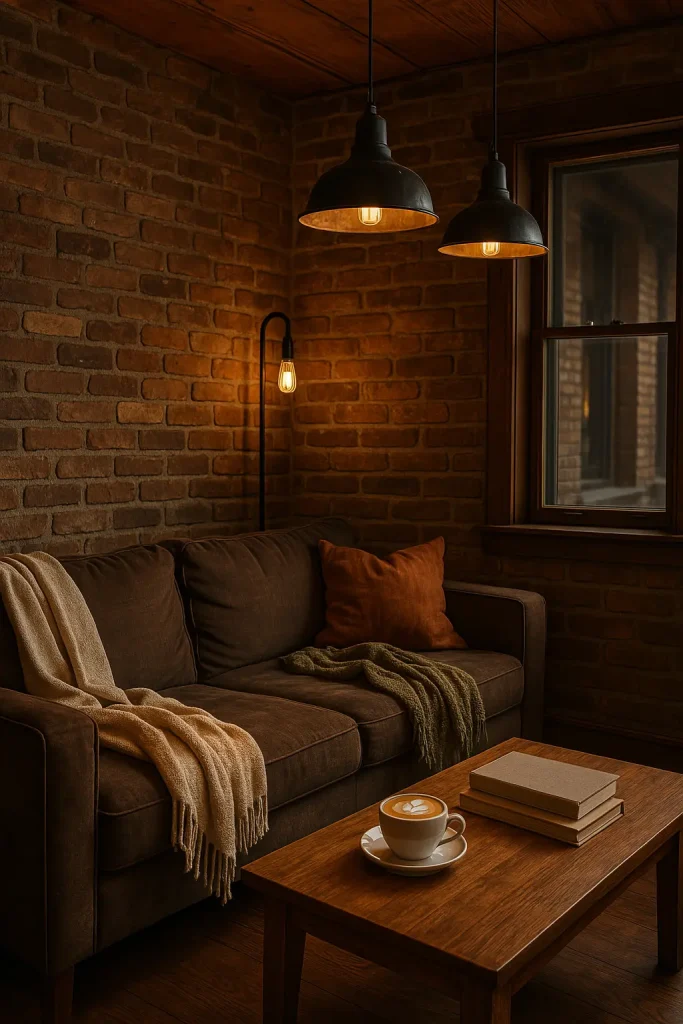 A living room inspired by a cozy café — exposed brick, warm wood, industrial lighting, a comfy couch with throw blankets, low music vibe, coffee table with latte art and books. A relaxing corner to unwind and sip coffee.