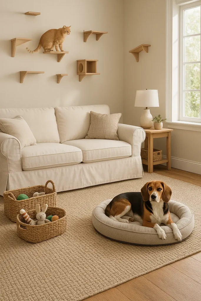 A pet-friendly living room with washable furniture covers, a chic dog bed, cat climbing wall shelves, toy baskets, durable rugs, and plenty of natural light. Designed for both comfort and functionality with pets in mind.