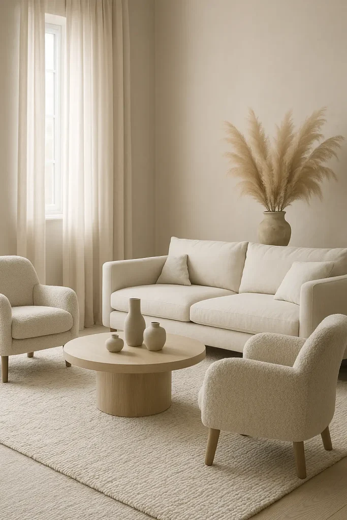A calming neutral-toned living room in whites, taupes, and light grays, filled with soft textures — boucle chairs, linen curtains, wool rugs, clay ceramics, and pampas grass. Monochrome but full of warmth and depth.