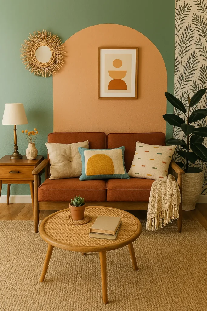 A budget-friendly DIY living room makeover featuring thrifted furniture, upcycled decor, painted walls with a color-block design, handmade cushions, and peel-and-stick wallpaper. Creative and cost-effective with lots of personality.