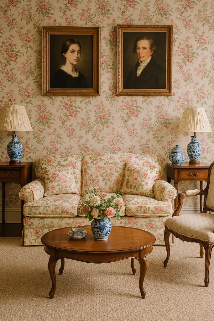 A grandmillennial-style living room mixing traditional design with modern charm — floral patterns, antique furniture, pleated lampshades, framed portraits, and chinoiserie vases. A fresh take on grandma’s parlor with a trendy twist.