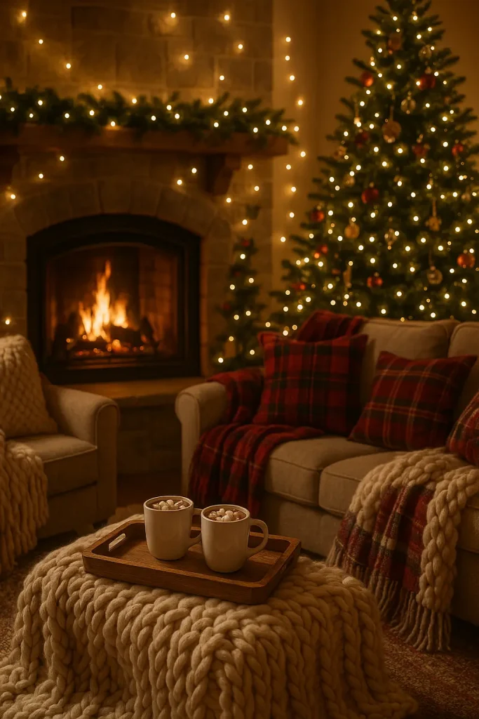 A warm winter-themed living room with a roaring fireplace, chunky knit blankets, plaid throws, hot cocoa on a wooden tray, a decorated Christmas tree, and ambient fairy lights. Neutral tones with deep reds and greens for a festive, cozy feel.