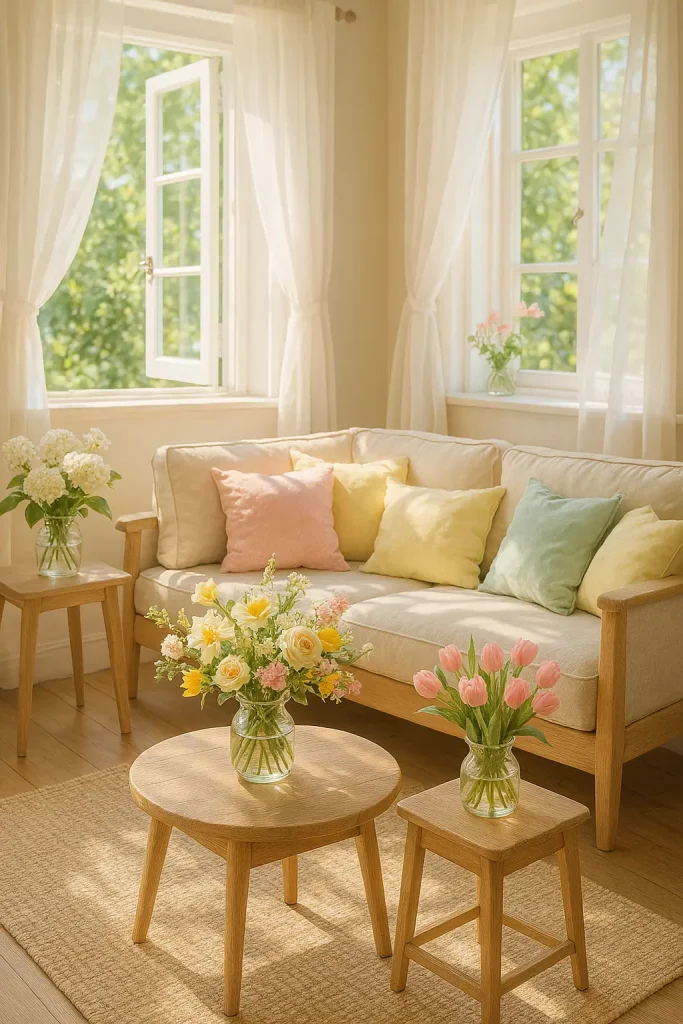 A bright, spring-inspired living room with fresh flowers in vases, pastel-colored cushions, sheer white curtains, natural wood elements, and a feeling of renewal. Open windows with sunlight filtering in and soft breeze moving fabric gently.