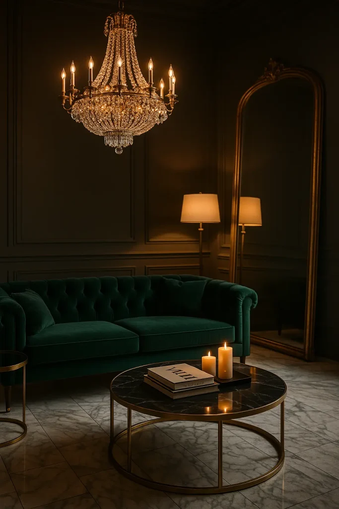 An elegant luxury living room with a velvet emerald green sofa, gold accent furniture, a glass chandelier, marble flooring, oversized mirror, and a designer coffee table with books and candles. Ambient lighting creates a moody, upscale vibe.
