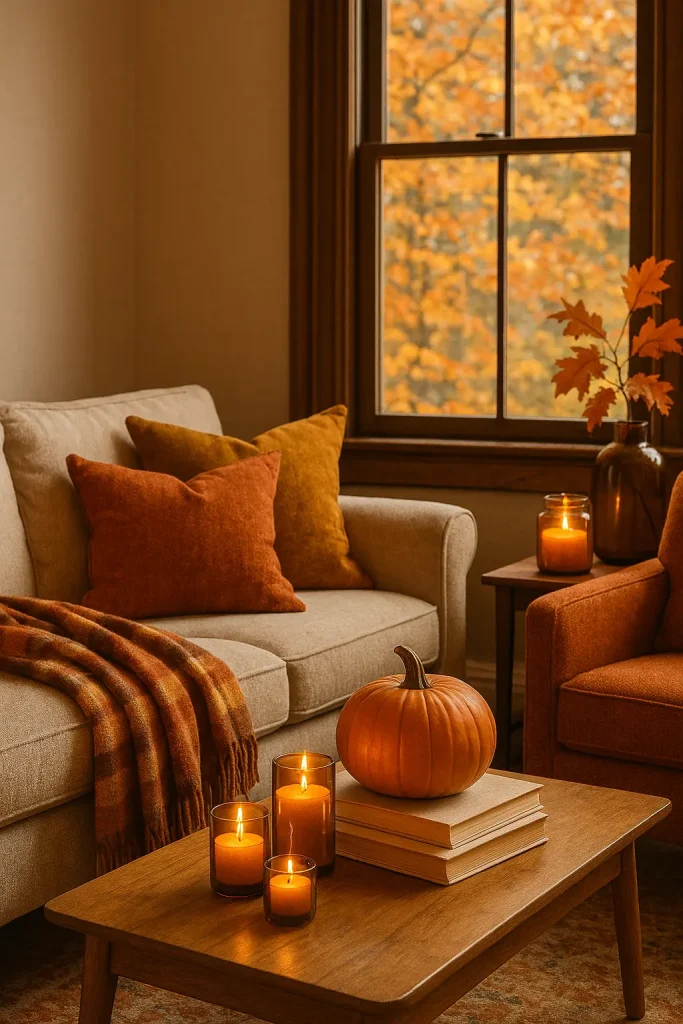 A cozy fall living room with burnt orange and mustard accents, a soft plaid blanket, candles in amber glass, a stack of books, a pumpkin on the coffee table, and leaves visible outside a nearby window. Warm and inviting, perfect for sweater weather.