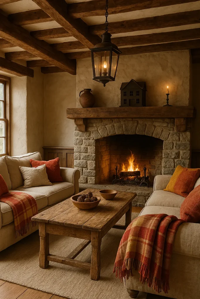 A rustic farmhouse-style living room with exposed wooden beams, distressed wood coffee table, overstuffed linen sofas with plaid throw blankets, antique lantern lighting, and a stone fireplace. Neutral color palette with pops of warm red and mustard yellow.