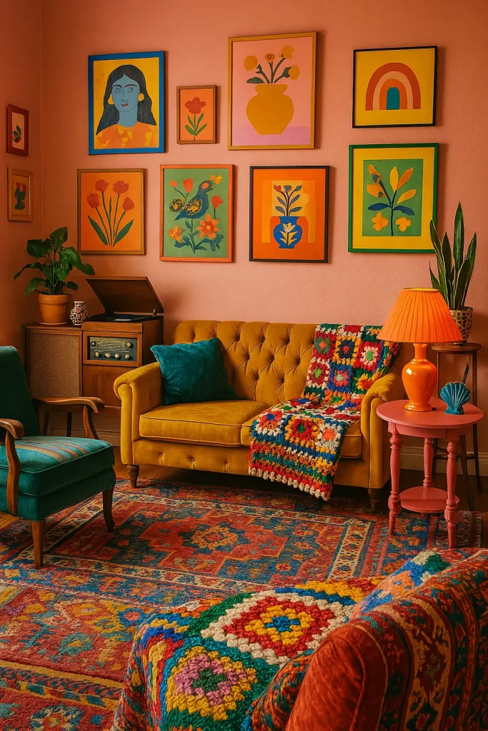 A bold, eclectic living room bursting with color — mismatched furniture, patterned rugs, colorful art pieces on gallery walls, vintage record player, quirky decor items, and layered textiles. Maximalist vibe with a lived-in feel.