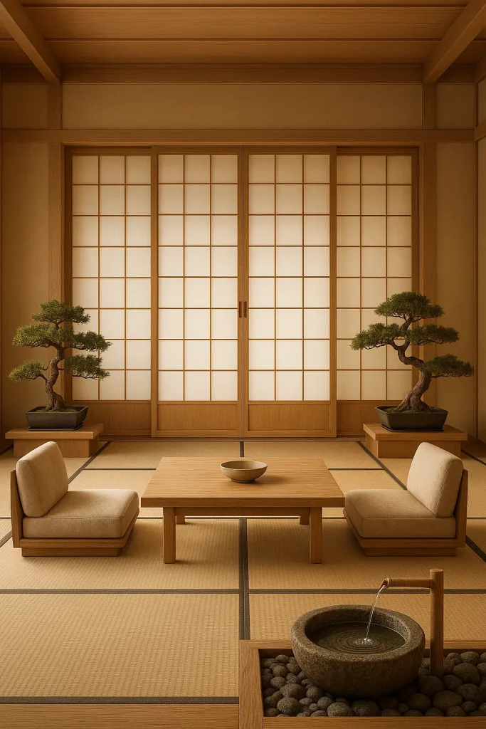 A serene Japanese-inspired living room with low furniture, tatami mats, a neutral beige and wood palette, sliding shoji doors, indoor bonsai trees, and a small stone water feature. Minimalist, peaceful atmosphere with balanced symmetry.