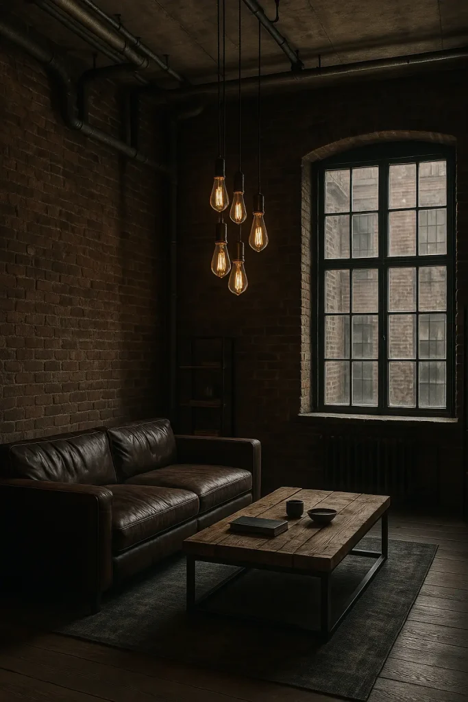 An industrial loft living room with exposed brick walls, high ceilings, metal piping, dark leather couch, reclaimed wood coffee table, large black-framed windows, and Edison bulb lighting. Moody color scheme with a mix of raw materials.