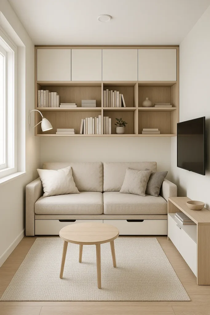 A compact modern living room designed for small spaces, with a fold-out sofa bed, built-in wall shelving, multi-functional furniture, wall-mounted TV, light color palette, and clever storage solutions like under-seat drawers. Bright and efficient layout.
