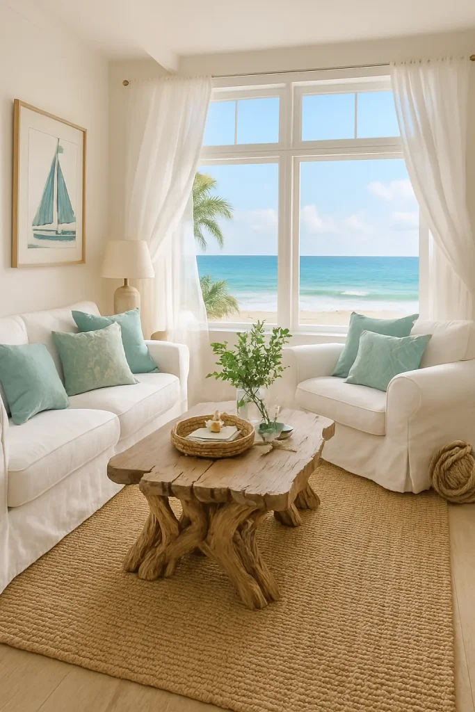 A light and airy coastal-themed living room with white slipcovered sofas, blue and seafoam green accents, jute rugs, driftwood coffee table, nautical decor, and large windows showing an ocean view. Breezy curtains fluttering slightly, evoking a beach house vibe.