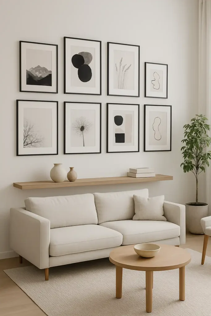 A Scandinavian-style minimalist living room with a large white wall featuring a symmetrical gallery of black-and-white framed prints, clean lines, neutral-toned furniture, natural light filtering through sheer curtains, and a tall indoor plant in the corner. A floating wooden shelf below the artwork holds ceramic vases and books.