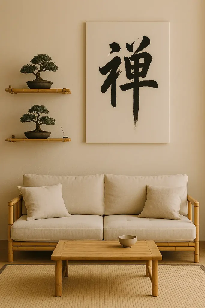 A serene, Zen-style living room with a neutral palette and a soft beige wall adorned with a large canvas featuring Japanese calligraphy. Bamboo shelves hold bonsai trees and incense holders. A low futon sofa and a tatami-style mat complete the peaceful look.