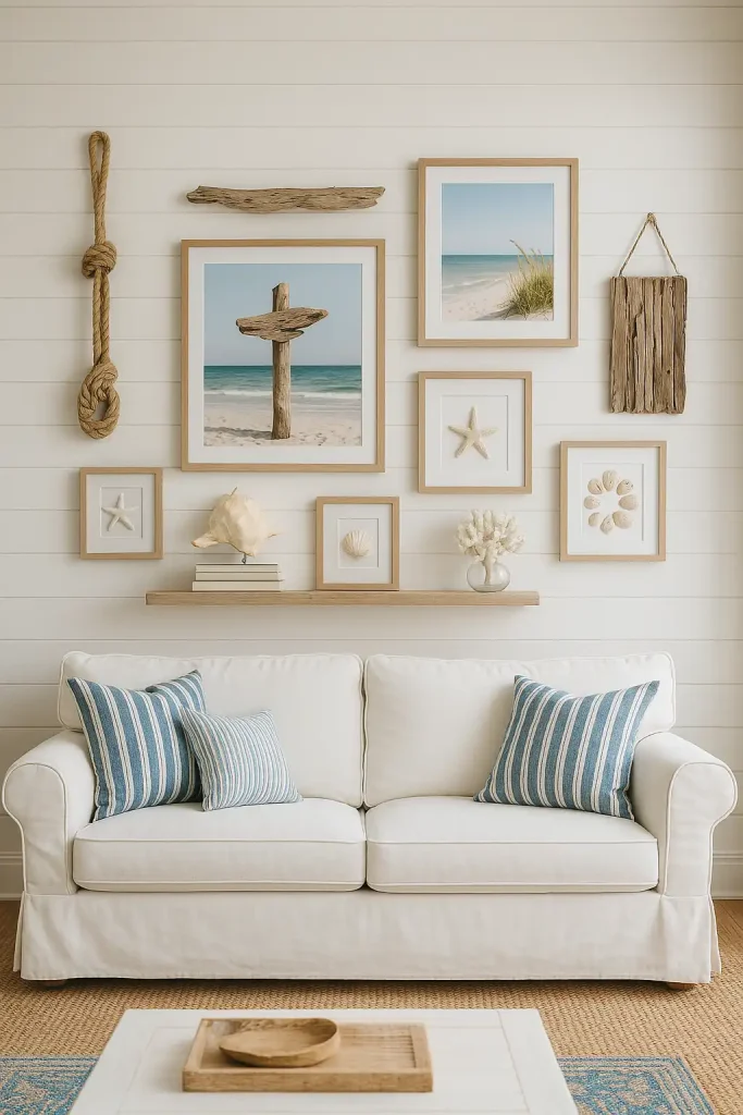 A breezy, coastal-style living room with a crisp white shiplap wall adorned with driftwood art, framed beach photography, and shell decor. A white slipcovered sofa faces the wall, and blue striped pillows echo the ocean theme. There’s a jute rug and nautical rope wall hanging.