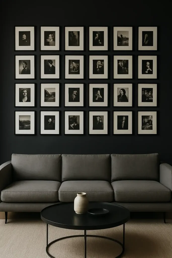 A chic living room wall entirely dedicated to a grid of black-and-white photographs in matching black frames. The rest of the decor is minimalist, with a gray sofa, a round coffee table, and an accent wall painted in matte charcoal for a moody effect.