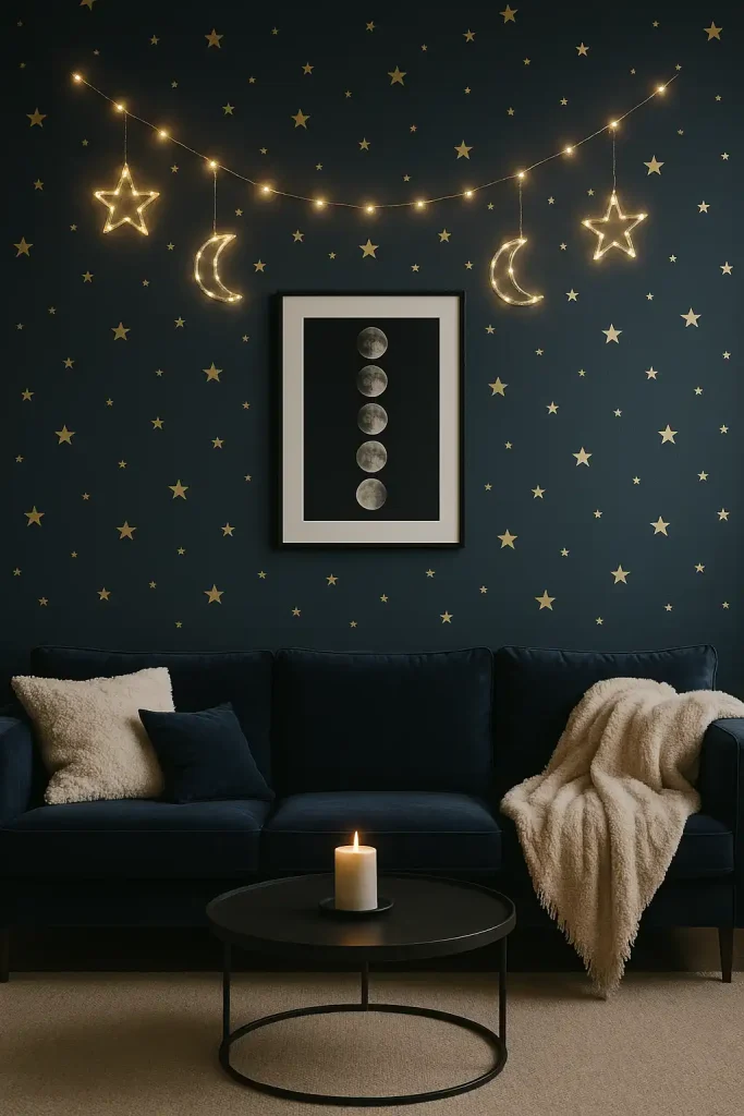 A dreamy celestial-themed living room wall with navy blue paint and gold foil star decals, a framed moon phase print, and glowing fairy lights in geometric shapes. The room includes a velvet couch with plush throws and soft, ambient lighting for a stargazing vibe.