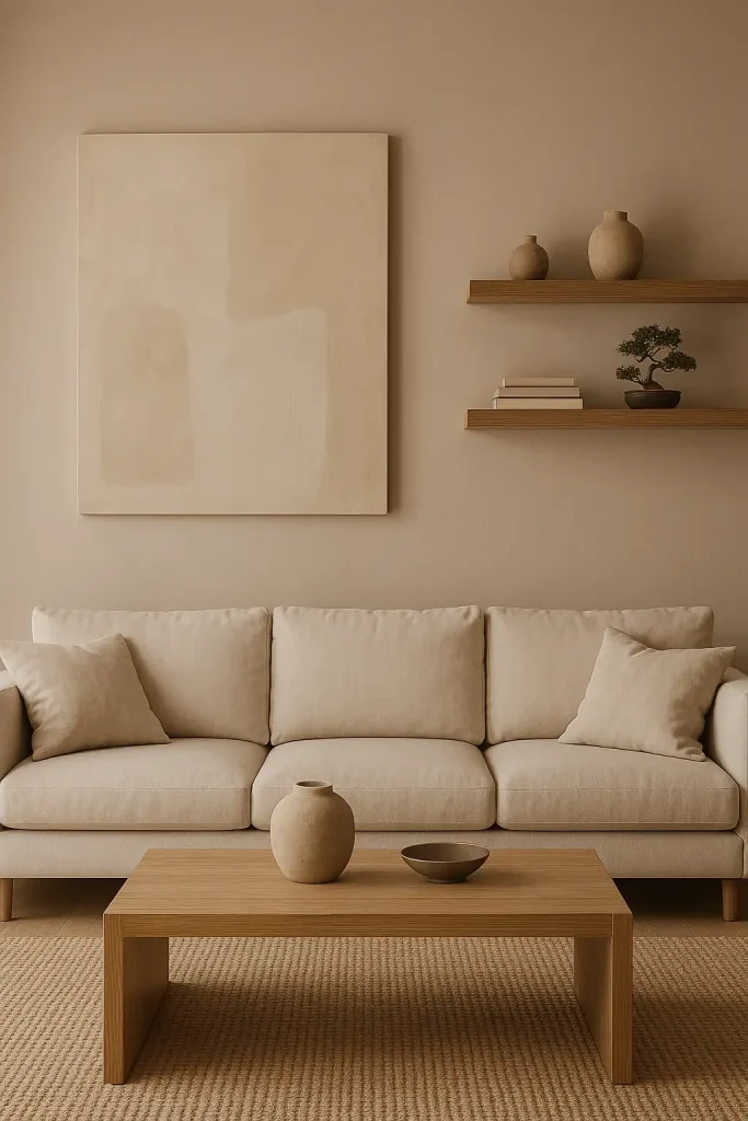 A calming Japandi-style living room wall with muted earth tones, a large abstract canvas in soft beiges and taupes, minimalist wooden floating shelves holding pottery and books, and a small bonsai. A low-profile oak coffee table and linen sofa complete the tranquil look.