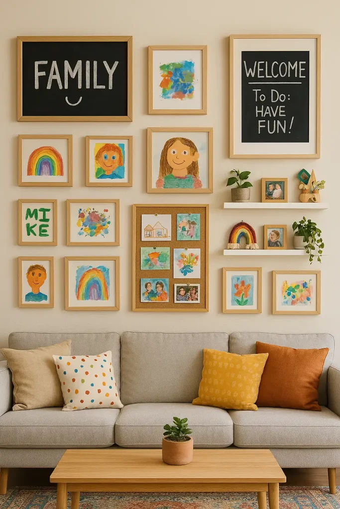 A family-friendly living room wall with framed chalkboards, a cork pinboard, kids’ framed art, and rotating family photos. The wall also has floating shelves with plants and handmade crafts. It’s colorful, personal, and slightly chaotic — in the best way.