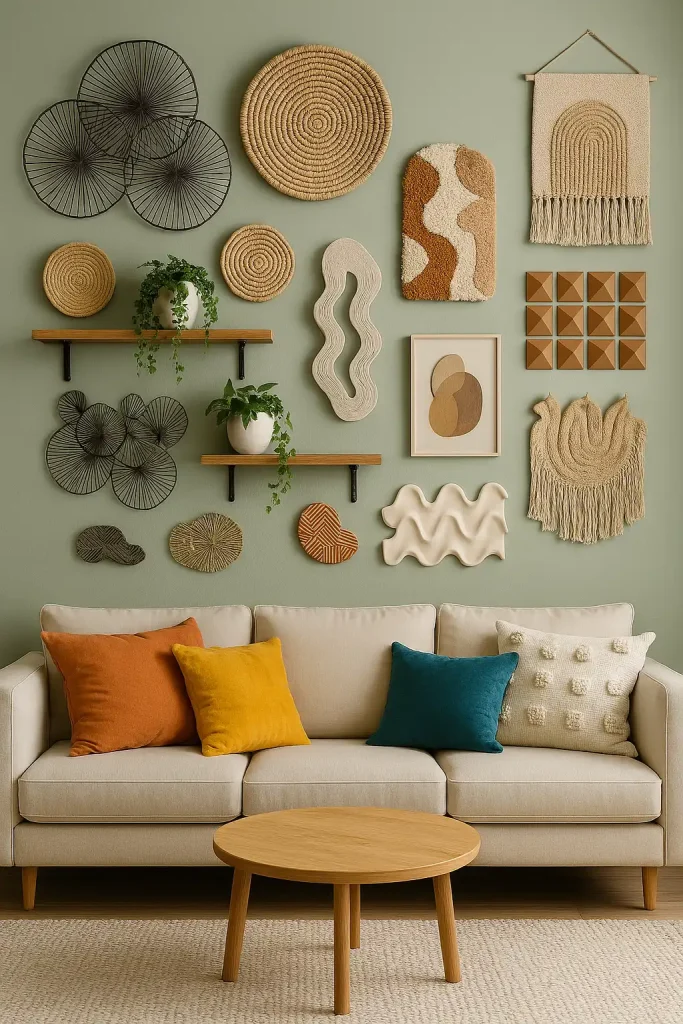 A creative living room wall featuring a mix of textures: metal wall art, woven pieces, fabric tapestries, and 3D printed shapes. The wall color is soft sage green, complementing the eclectic mix. A comfy sofa with bright cushions adds balance to the textured space.