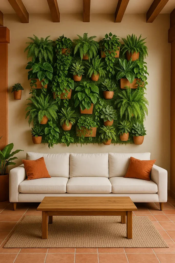 A living room wall with a full or partial vertical garden made of mounted planters filled with ferns, pothos, and succulents. A modern white sofa contrasts with the green wall. There are wooden beams and terracotta accents creating a fresh, earthy aesthetic.