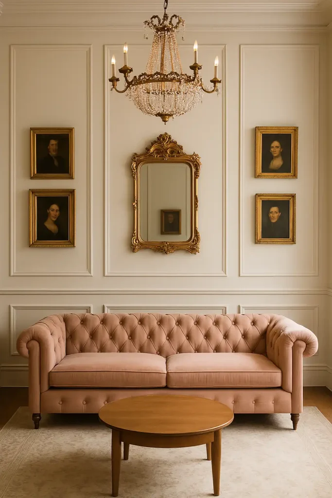 An elegant, timeless living room with paneled walls painted in a soft ivory. The wall features gold-framed vintage portraits and an ornate gilded mirror as the centerpiece. A tufted sofa in blush or navy velvet and a chandelier complete the upscale style.